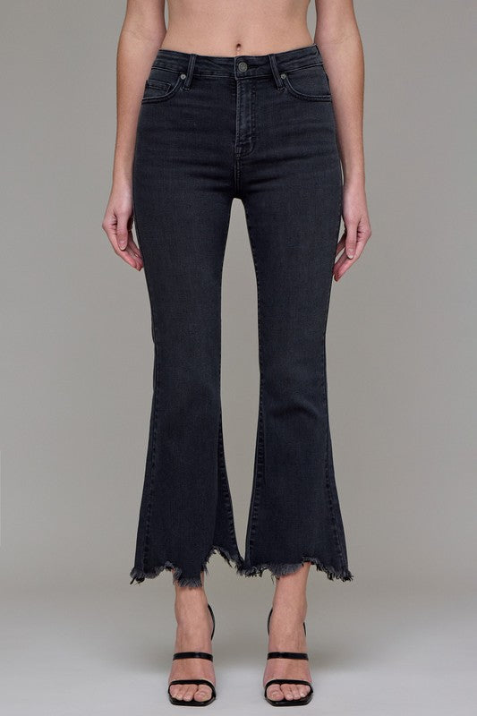 Hidden Black Frayed Hem Cropped Flare