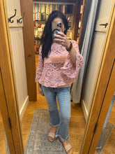 POL round neck 3/4 sleeve cropped fit top in crochet - Cream or Rose Pink