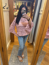 POL round neck 3/4 sleeve cropped fit top in crochet - Cream or Rose Pink