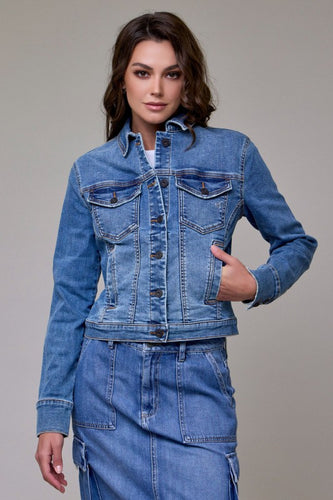 Hidden Medium Wash Fitted Stretch Trucker Jacket