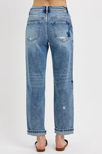 Risen Mid Rise Boyfriend Star Shadow Detail Cuffed Jeans