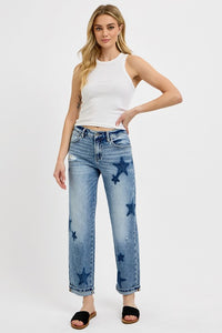 Risen Mid Rise Boyfriend Star Shadow Detail Cuffed Jeans