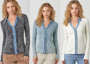 Washed Thermal Button Down Top - Assorted Colors