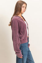 Acid Wash Waffle Knit Zip-up Hoodie - Dark Cherry