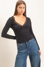 Lace Trim V-neck Top - Black