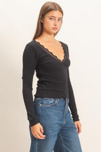 Lace Trim V-neck Top - Black