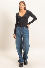 Lace Trim V-neck Top - Black