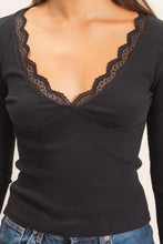 Lace Trim V-neck Top - Black