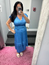 Pleated Sleeve Ruffle Long Dress - Faded Blue