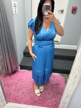 Pleated Sleeve Ruffle Long Dress - Faded Blue