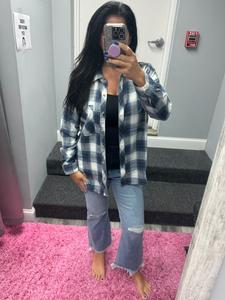PLAID FLANNEL LONG SLEEVE BUTTON DOWN SHIRT - BLUE