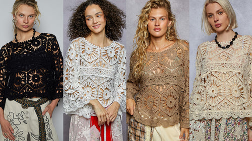 POL Designed in round neck 3/4 sleeve cropped fit top in crochet with various weave knit patterns - Assorted Colors