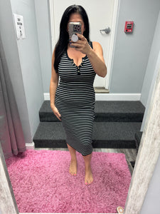 Striped Knit Bodycon Midi Dress - Beige or Black