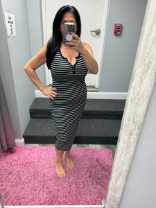 Striped Knit Bodycon Midi Dress - Beige or Black
