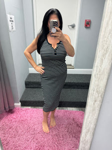 Striped Knit Bodycon Midi Dress - Beige or Black