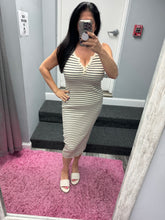 Striped Knit Bodycon Midi Dress - Beige or Black