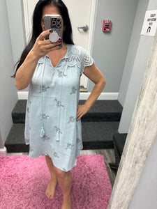 Mystree Eyelet Sleeve Embroidered Dress -  Pale Blue