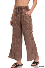 WASHED LINEN ELASTIC BAND WAIST CARGO PANTS - ASSORTED COLORS