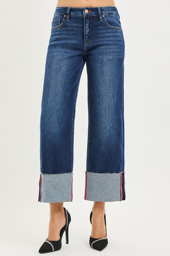 Risen Tummy Control Mid Rise Crop Wide Cuffed Jeans - Deep Blue