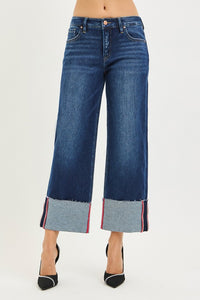Risen Tummy Control Mid Rise Crop Wide Cuffed Jeans - Deep Blue