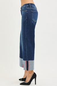 Risen Tummy Control Mid Rise Crop Wide Cuffed Jeans - Deep Blue