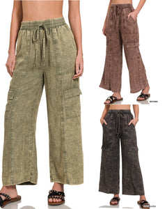 WASHED LINEN ELASTIC BAND WAIST CARGO PANTS - ASSORTED COLORS