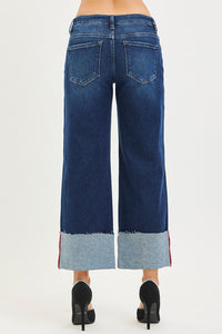 Risen Tummy Control Mid Rise Crop Wide Cuffed Jeans - Deep Blue