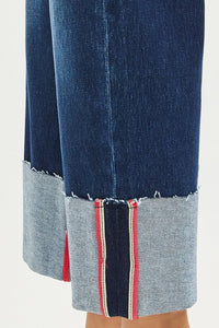 Risen Tummy Control Mid Rise Crop Wide Cuffed Jeans - Deep Blue