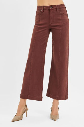 Risen Tummy Control High Rise Crop Wide Jeans - Chocolate Brown