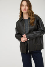 Washed Faux Leather Collared Zip-up Jacket - Black or Brown