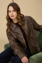 Washed Faux Leather Collared Zip-up Jacket - Black or Brown