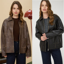Washed Faux Leather Collared Zip-up Jacket - Black or Brown