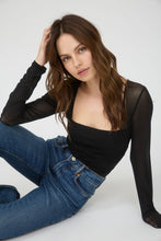 Ruched Waist Square Neck Long Sleeve Knit Top - Black