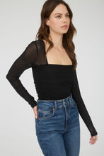Ruched Waist Square Neck Long Sleeve Knit Top - Black