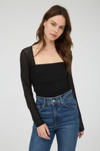 Ruched Waist Square Neck Long Sleeve Knit Top - Black