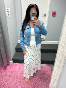 Distressed Button Up Stretchy Cotton Denim Jacket - White or Light Blue