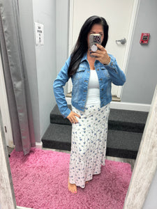 Distressed Button Up Stretchy Cotton Denim Jacket - White or Light Blue