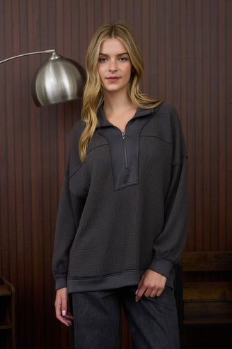 Half Zip Collared Long Sleeve Waffle Knit Top - Charcoal