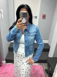 Distressed Button Up Stretchy Cotton Denim Jacket - White or Light Blue