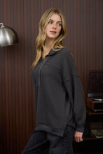 Half Zip Collared Long Sleeve Waffle Knit Top - Charcoal