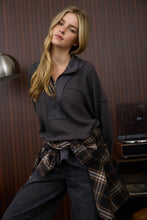 Half Zip Collared Long Sleeve Waffle Knit Top - Charcoal