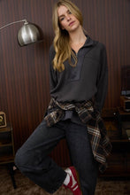 Half Zip Collared Long Sleeve Waffle Knit Top - Charcoal