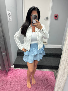 Distressed Button Up Stretchy Cotton Denim Jacket - White or Light Blue