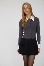 Collar Trim Detail Button Down Cable Knit Cardigan - Charcoal