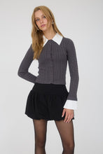 Collar Trim Detail Button Down Cable Knit Cardigan - Charcoal