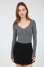 Lace Trim Button Detail Long Sleeve Knit Top - Charcoal