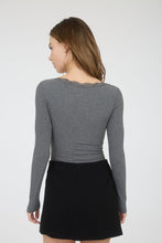 Lace Trim Button Detail Long Sleeve Knit Top - Charcoal