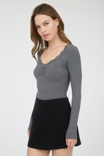 Lace Trim Button Detail Long Sleeve Knit Top - Charcoal