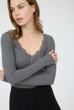 Lace Trim Button Detail Long Sleeve Knit Top - Charcoal