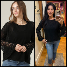 Lt Weight Flare Bell Slit Sleeve Pullover Sweater - Black
